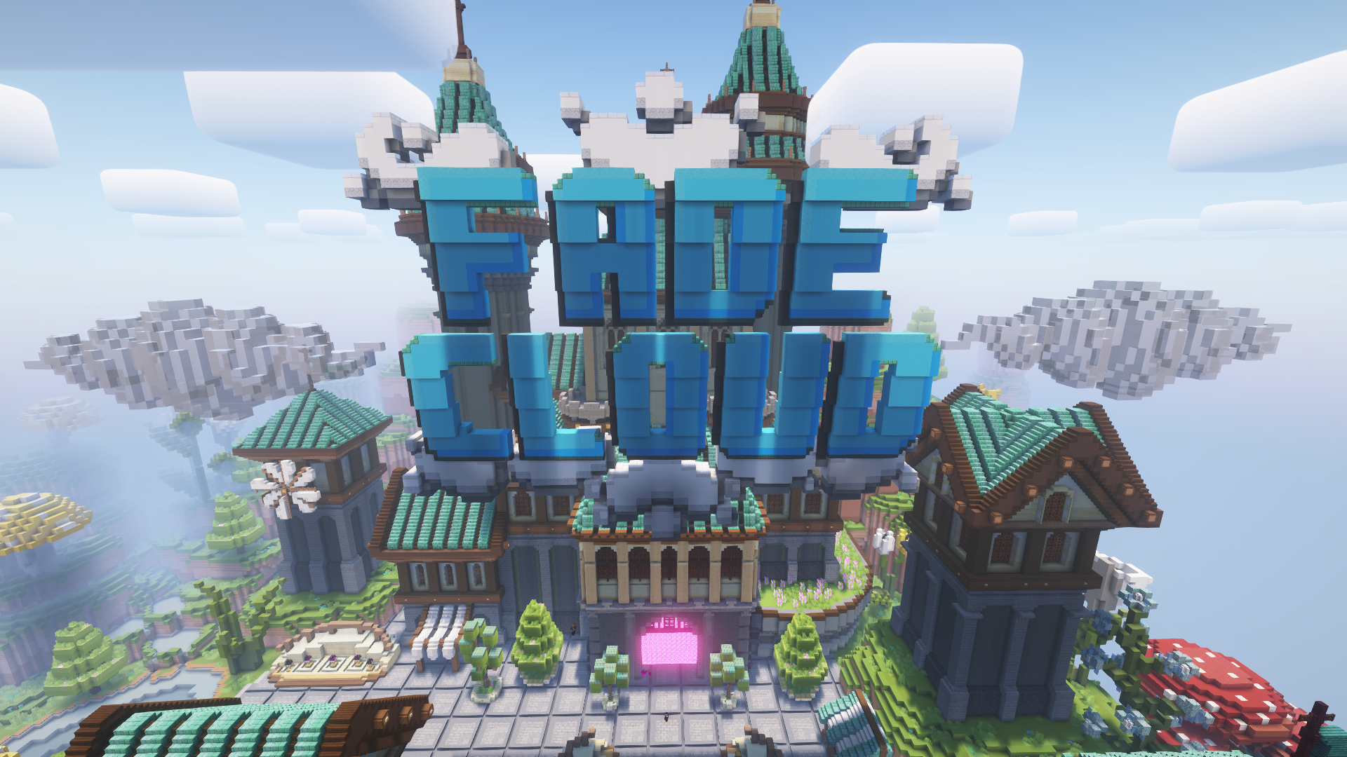 Image from the FadeCloud Minecraft server showcasing the new spawn for the Gens game-mode. It features wood, stone, and teal blocks in a spring time theme. In the clouds, there is a blue version of the text "Fade Cloud" logo.