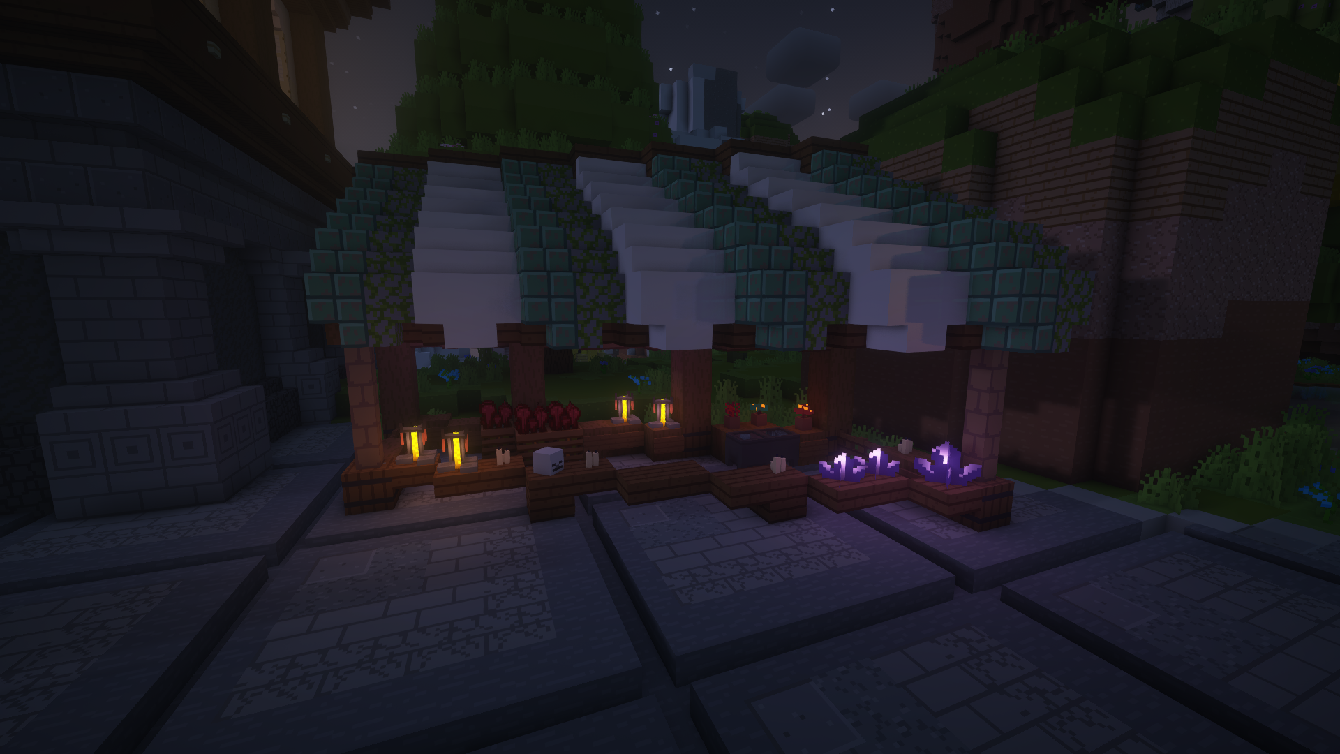 Image of a market stall in the Fade Cloud Gens spawn at night-time. There are purple gems and other items on display.