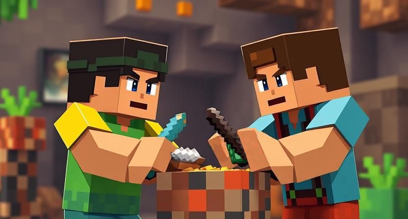 Two male Mincecraft characters attempting to trade. One is in a green and yellow t-shirt, the other in a blue t-shirt with redish brown overalls. (Gen AI)