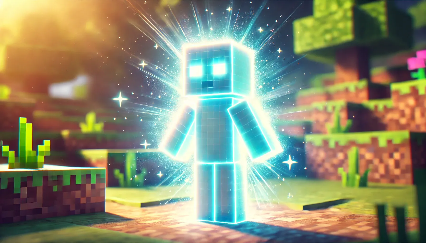 Image of a genderless blank Minecraft character with a bright blue aura glow around it, in a forest area. Not representative of gameplay. (Gen AI)